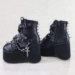Demonia Kera Goth Platform Wedge Ankle Boots With Chain Charms & Pentagram